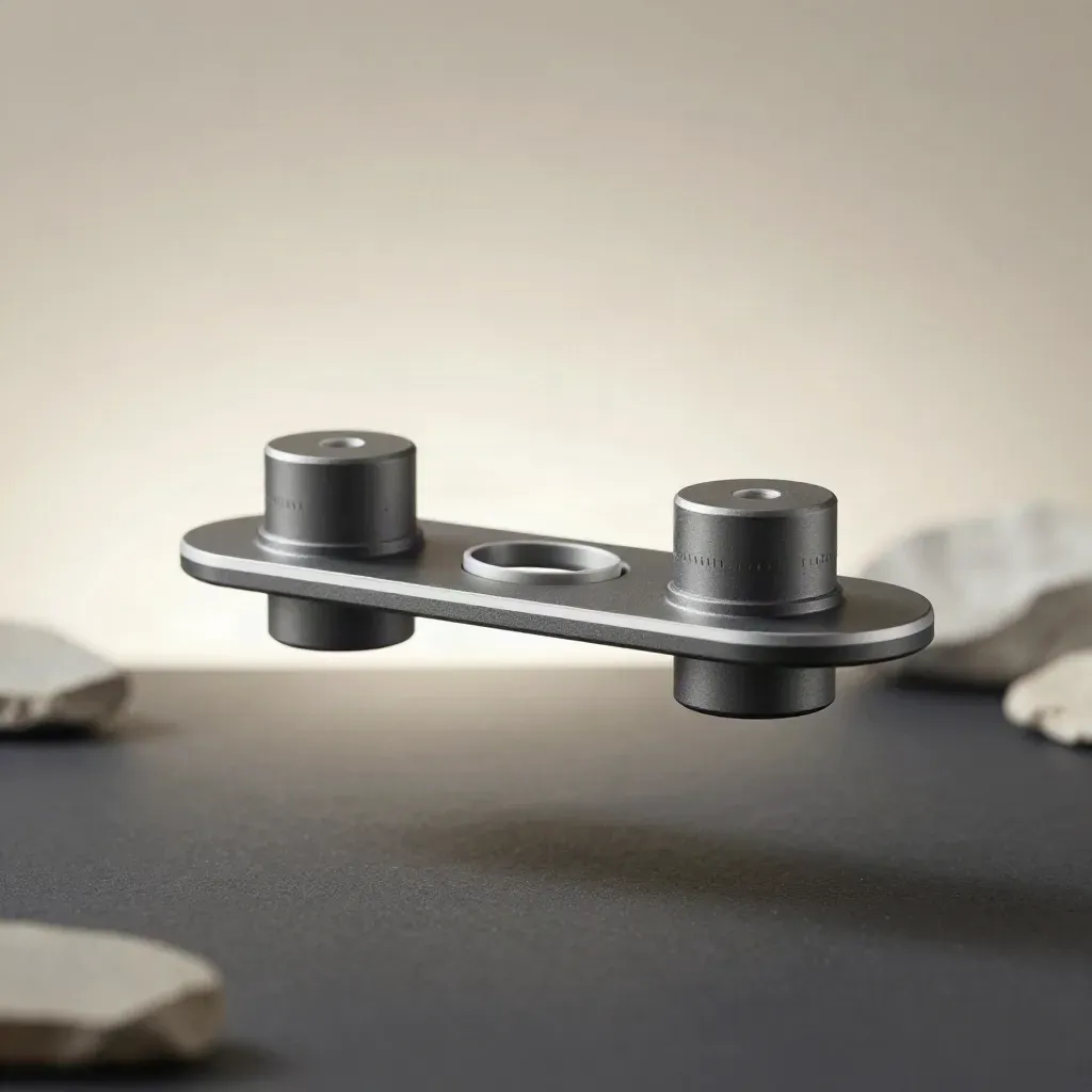Matte graphite link module with two pucks and a ring floating in soft studio light.