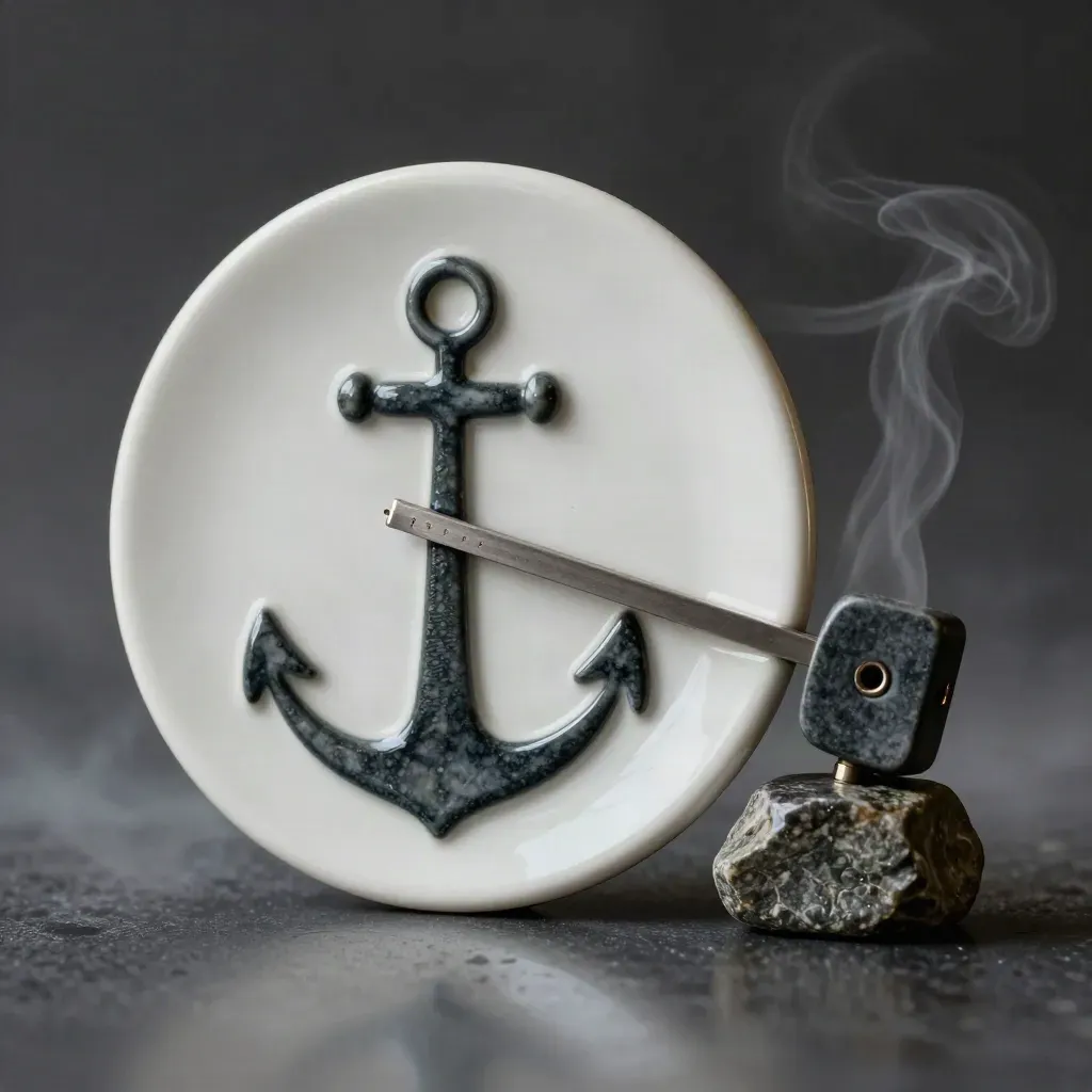 Pale ceramic domain piece locking into a dark block on wet stone, rim-lit with mist