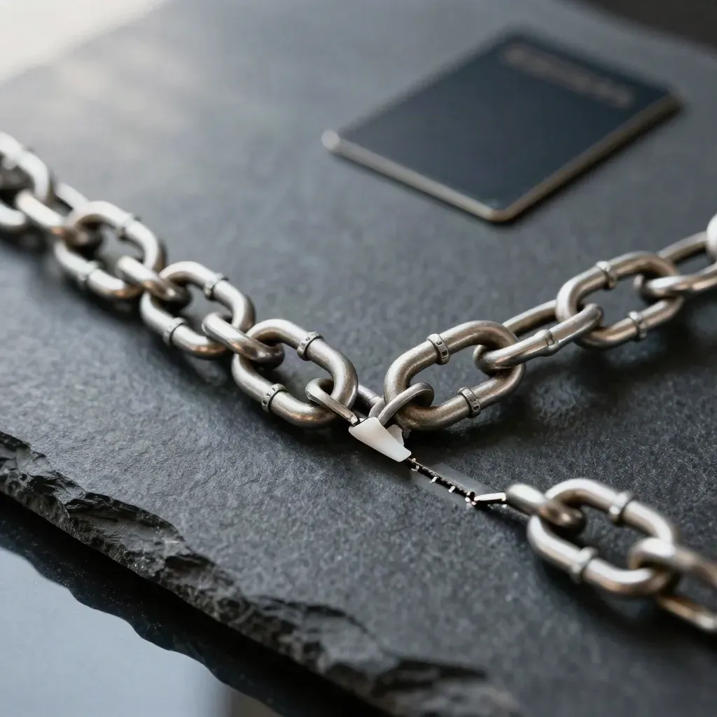 Top-down chain audit parts resolved on a dark slab with cool rim light.